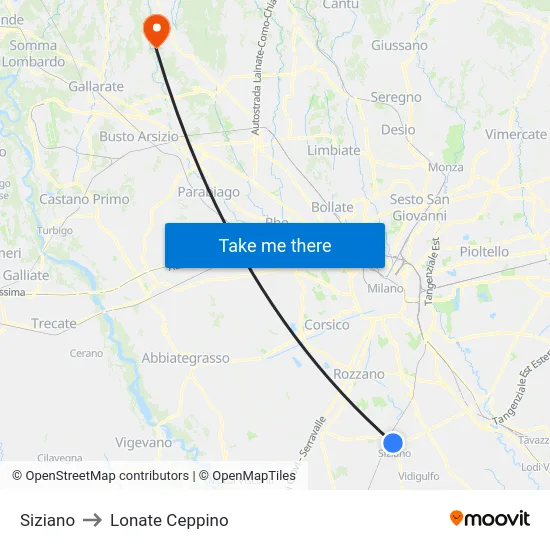 Siziano to Lonate Ceppino map