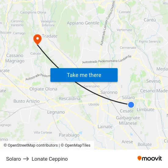 Solaro to Lonate Ceppino map