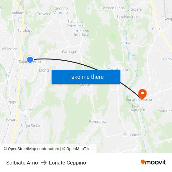Solbiate Arno to Lonate Ceppino map