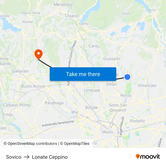 Sovico to Lonate Ceppino map