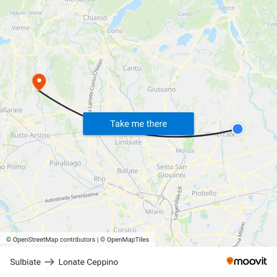 Sulbiate to Lonate Ceppino map