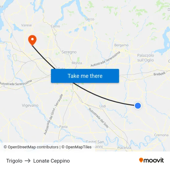 Trigolo to Lonate Ceppino map