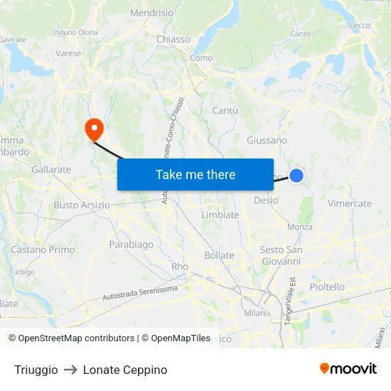 Triuggio to Lonate Ceppino map