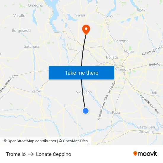 Tromello to Lonate Ceppino map