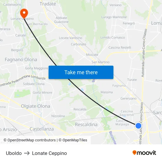 Uboldo to Lonate Ceppino map
