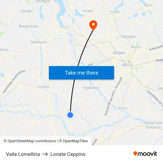 Valle Lomellina to Lonate Ceppino map