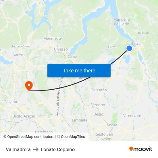 Valmadrera to Lonate Ceppino map