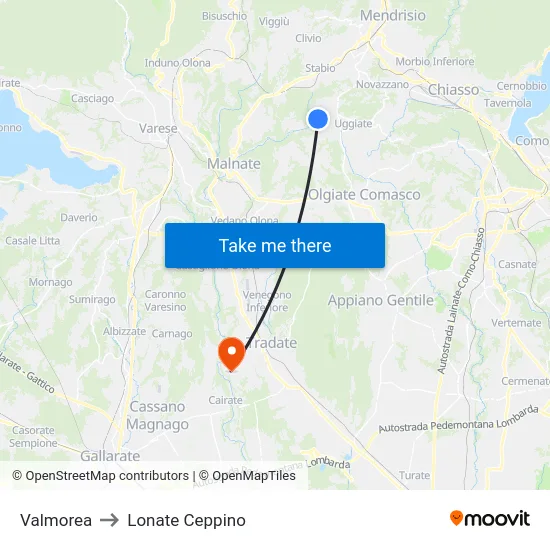 Valmorea to Lonate Ceppino map
