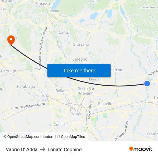 Vaprio D' Adda to Lonate Ceppino map
