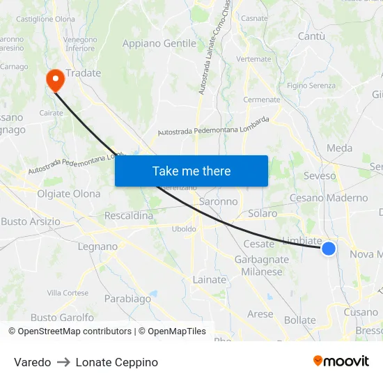 Varedo to Lonate Ceppino map