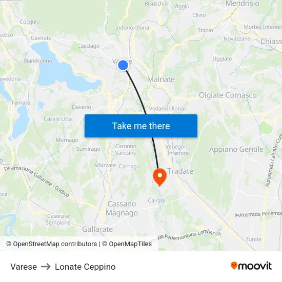 Varese to Lonate Ceppino map