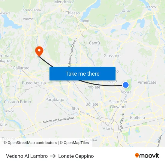 Vedano Al Lambro to Lonate Ceppino map