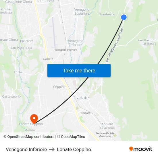 Venegono Inferiore to Lonate Ceppino map