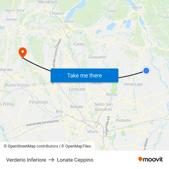 Verderio Inferiore to Lonate Ceppino map