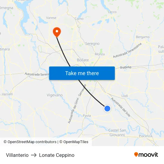 Villanterio to Lonate Ceppino map