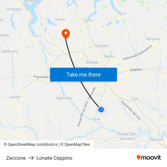 Zeccone to Lonate Ceppino map