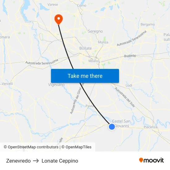 Zenevredo to Lonate Ceppino map