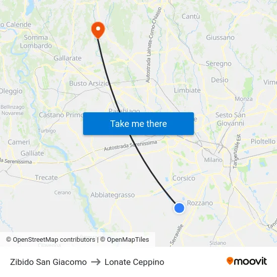 Zibido San Giacomo to Lonate Ceppino map