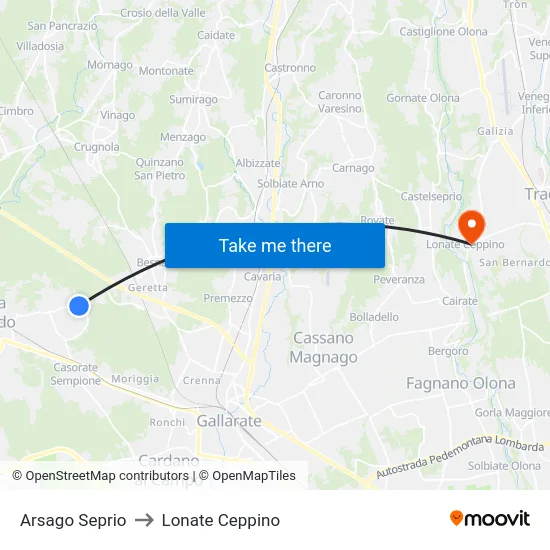Arsago Seprio to Lonate Ceppino map