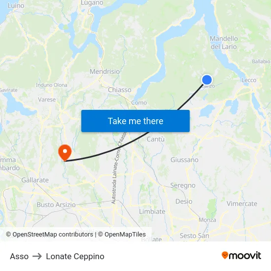 Asso to Lonate Ceppino map