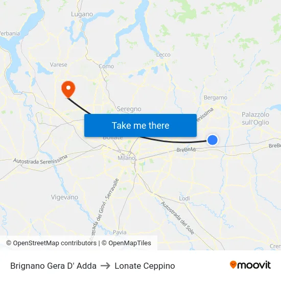 Brignano Gera D' Adda to Lonate Ceppino map