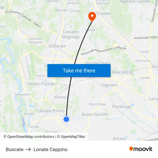 Buscate to Lonate Ceppino map