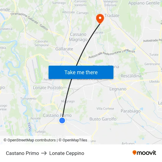 Castano Primo to Lonate Ceppino map