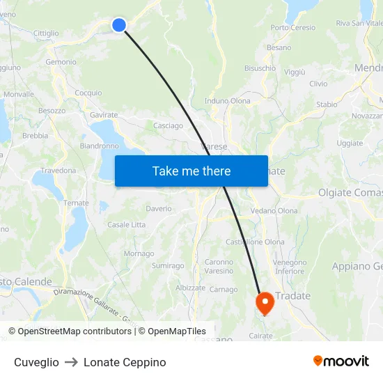 Cuveglio to Lonate Ceppino map