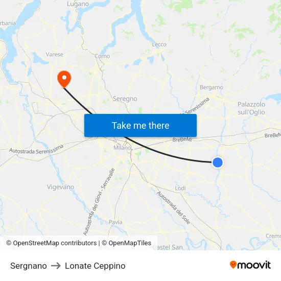 Sergnano to Lonate Ceppino map