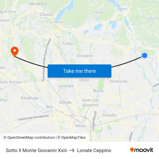 Sotto Il Monte Giovanni Xxiii to Lonate Ceppino map