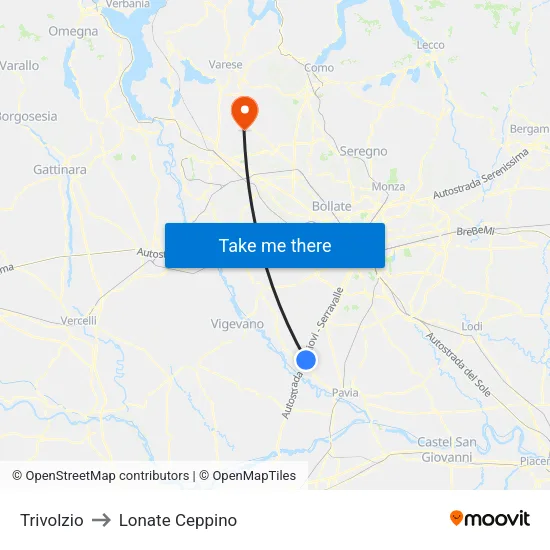 Trivolzio to Lonate Ceppino map