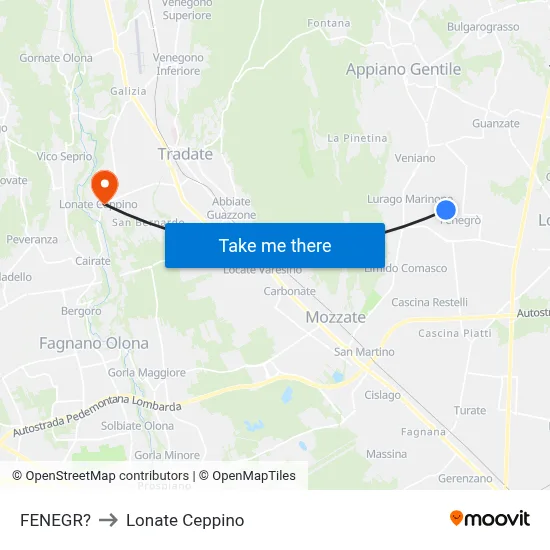 Fenegro to Lonate Ceppino map