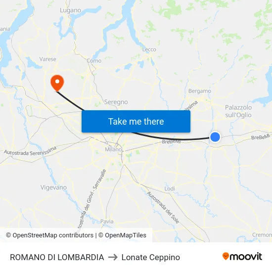 ROMANO DI LOMBARDIA to Lonate Ceppino map