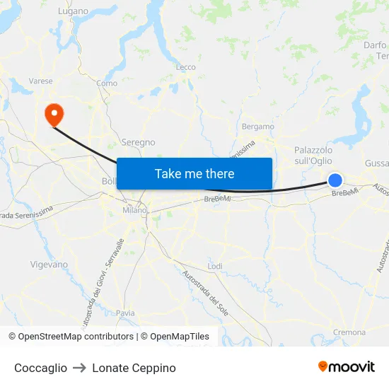 Coccaglio to Lonate Ceppino map