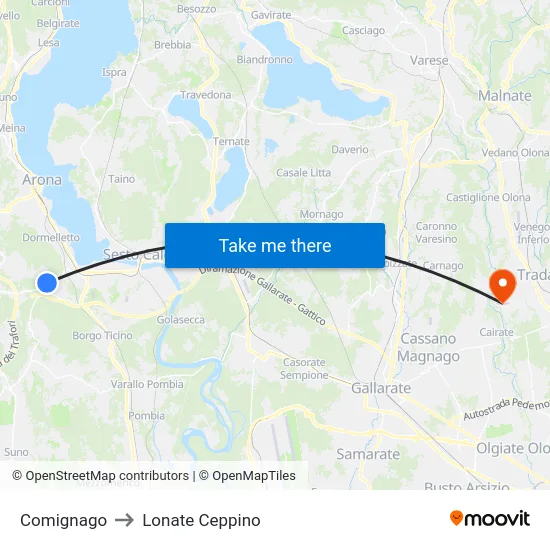Comignago to Lonate Ceppino map