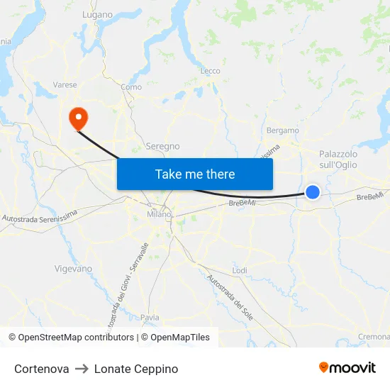 Cortenova to Lonate Ceppino map