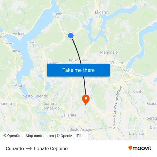 Cunardo to Lonate Ceppino map