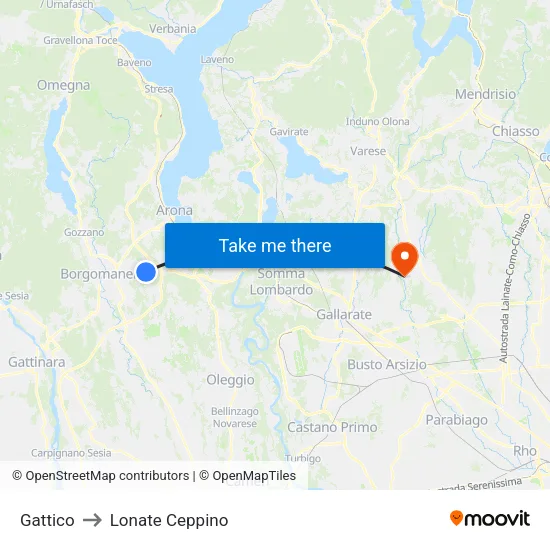 Gattico to Lonate Ceppino map