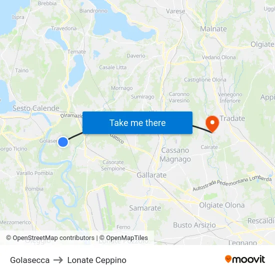 Golasecca to Lonate Ceppino map