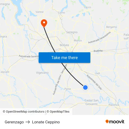 Gerenzago to Lonate Ceppino map