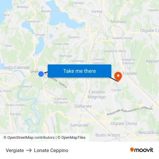 Vergiate to Lonate Ceppino map