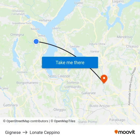 Gignese to Lonate Ceppino map