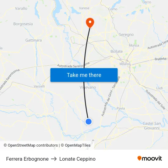 Ferrera Erbognone to Lonate Ceppino map