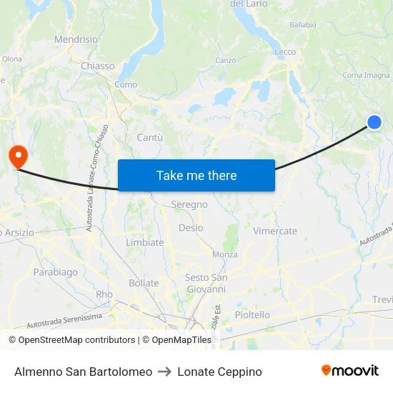 Almenno San Bartolomeo to Lonate Ceppino map
