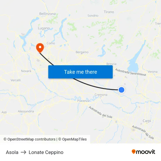 Asola to Lonate Ceppino map