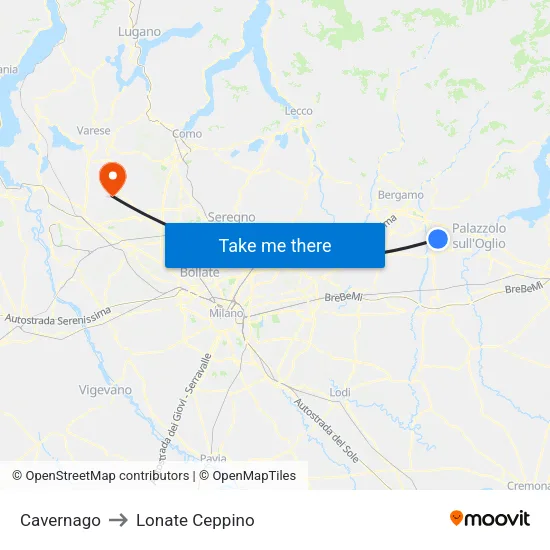Cavernago to Lonate Ceppino map