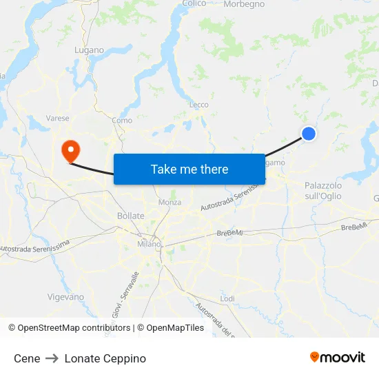 Cene to Lonate Ceppino map