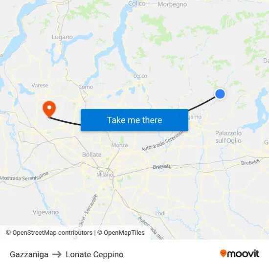Gazzaniga to Lonate Ceppino map