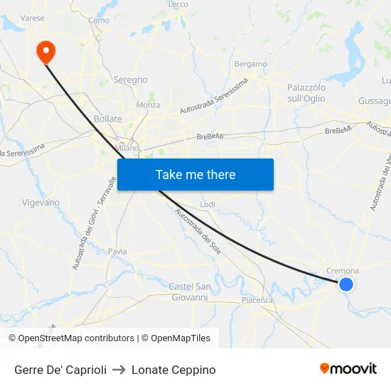 Gerre De' Caprioli to Lonate Ceppino map