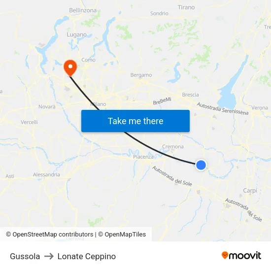 Gussola to Lonate Ceppino map